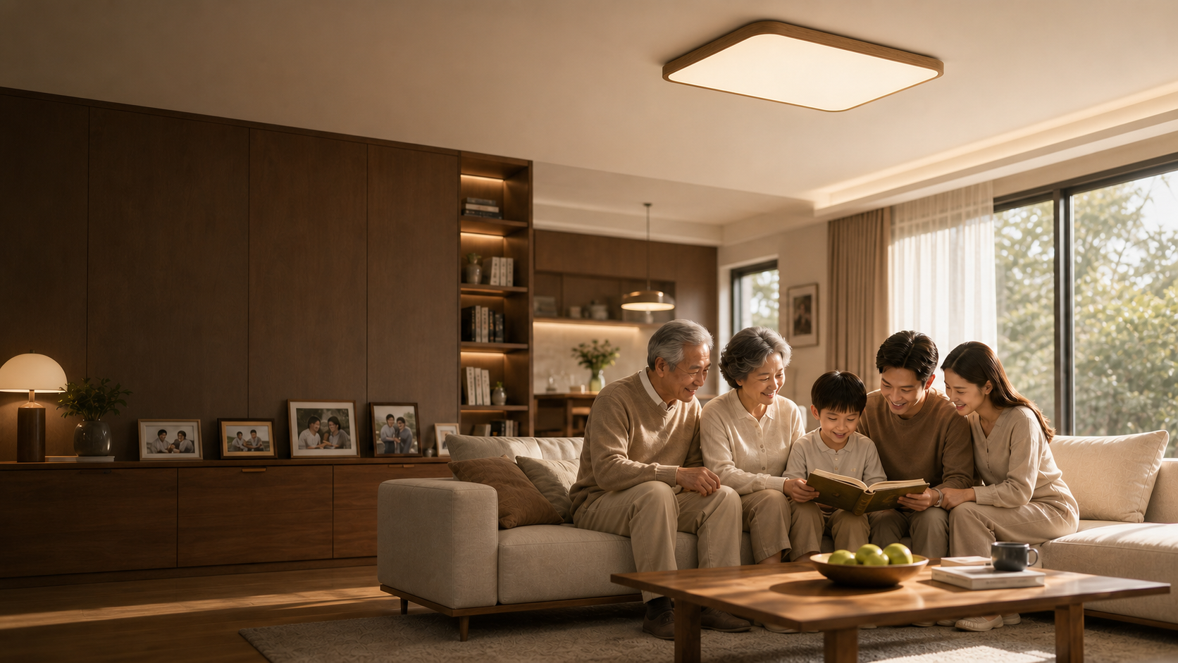 多代同堂家庭在舒适灯光下共读